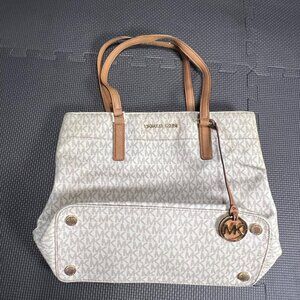 Michael Kors Beige MK Logo Tote Bag With Tan Leather Straps & Gold Hardware